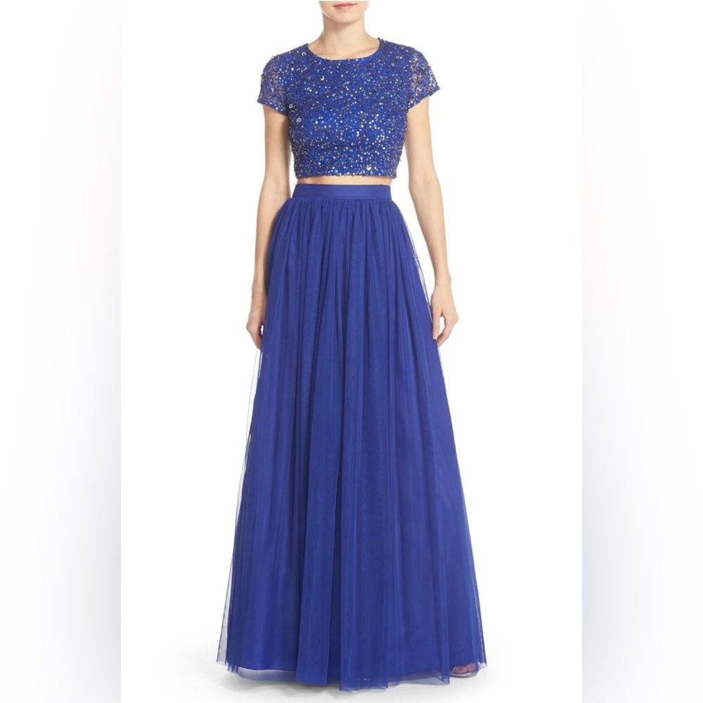 Adrianna Papell Royal Blue Two-Piece Sequin Crop & Tulle Maxi Dress